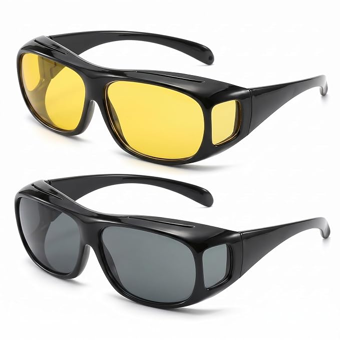 Polarized Day & Night Driving Glasses — 2 Pairs, Wear Alone or Over Prescription Glasses